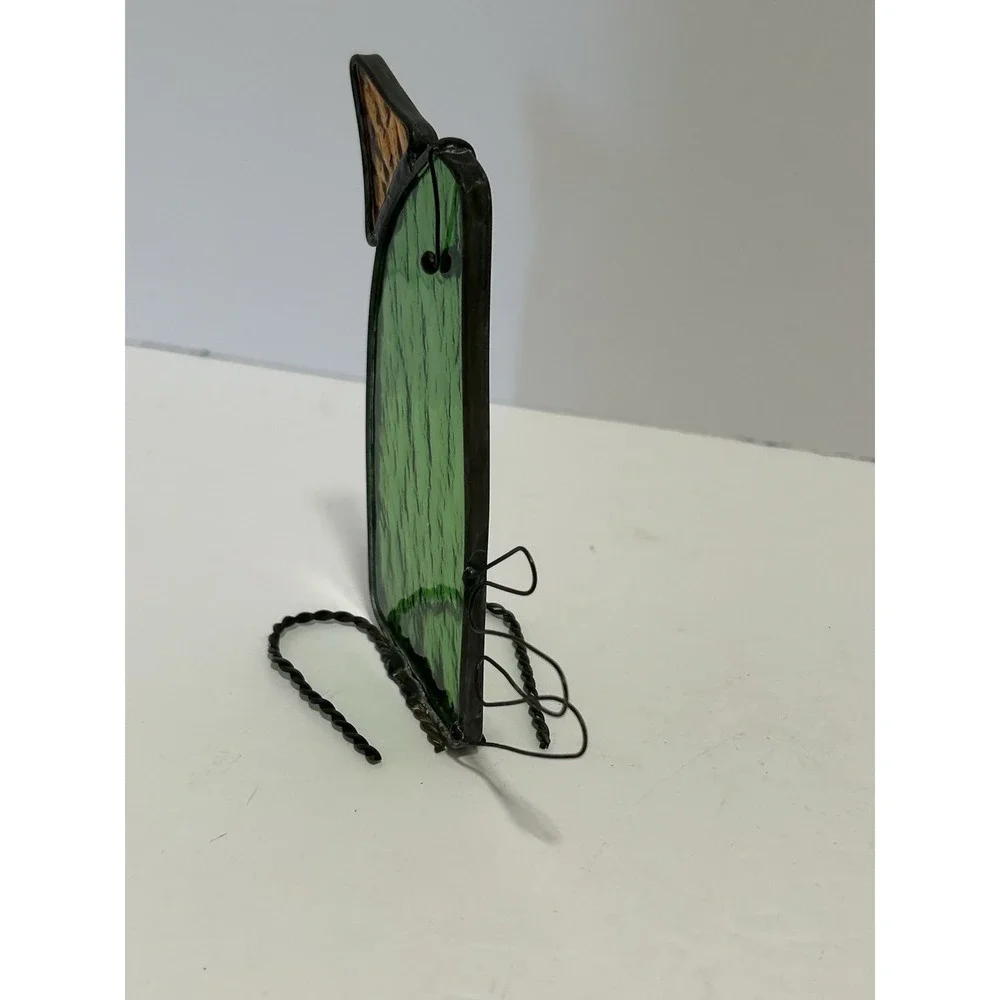 Vintage Stained Glass Bird Sun Catcher Green W/ Orange Beak Shelf Sitter